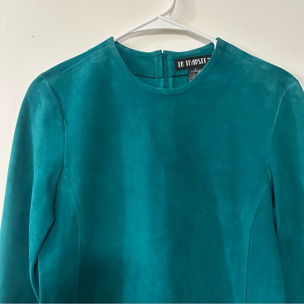 In Transit 2 Womens 100% Leather Crew Neck Quarter Sleeve Blouse Top Teal Size M - Picture 2 of 8